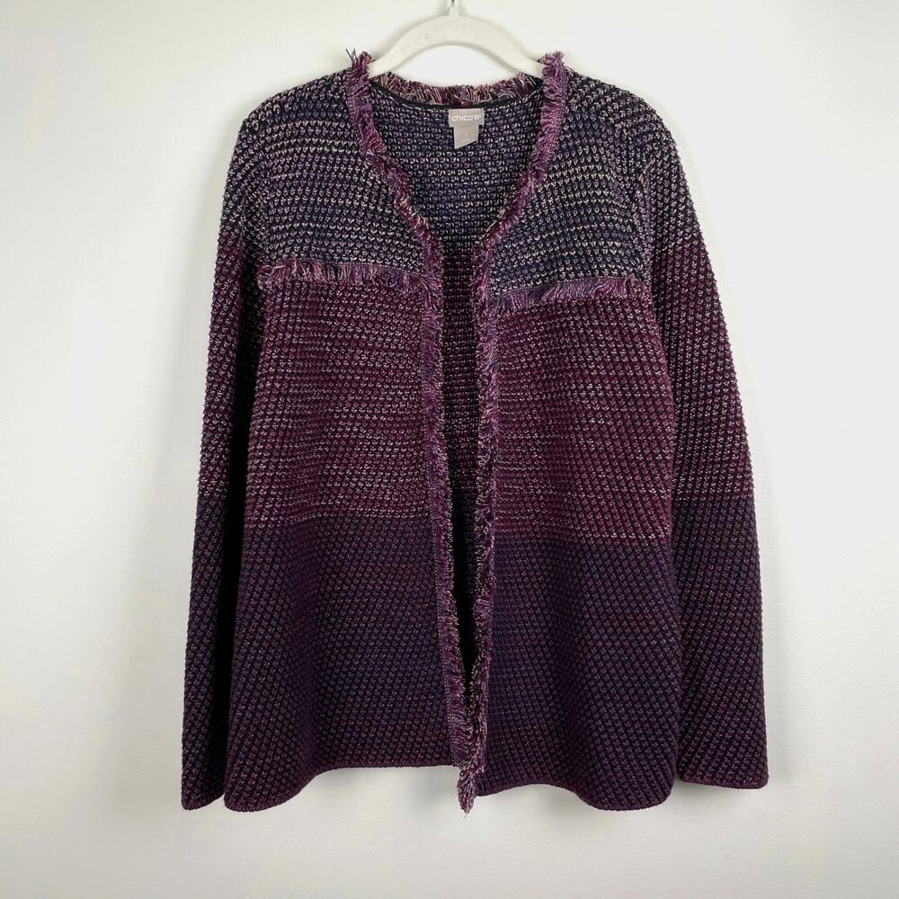 Chicos Marled Fringe Cardigan Sweater Purple Colorblock Metallic Knit Jacket XL